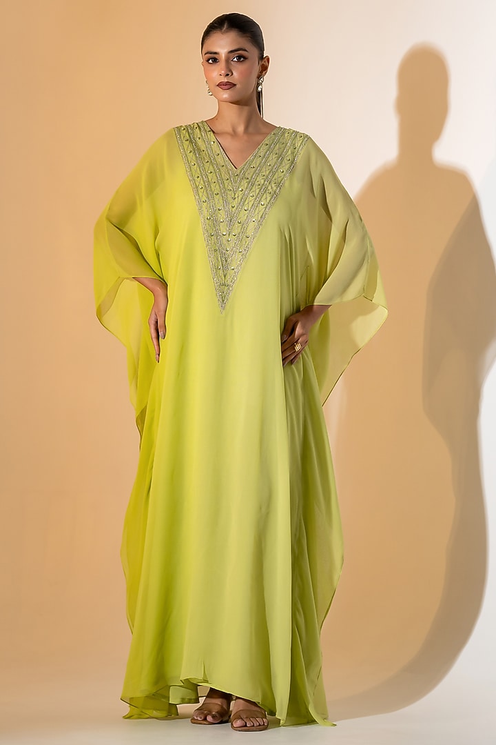 Lime Green Ombre Embroidered Kaftan Set by K-ANSHIKA Jaipur at Pernia's Pop Up Shop