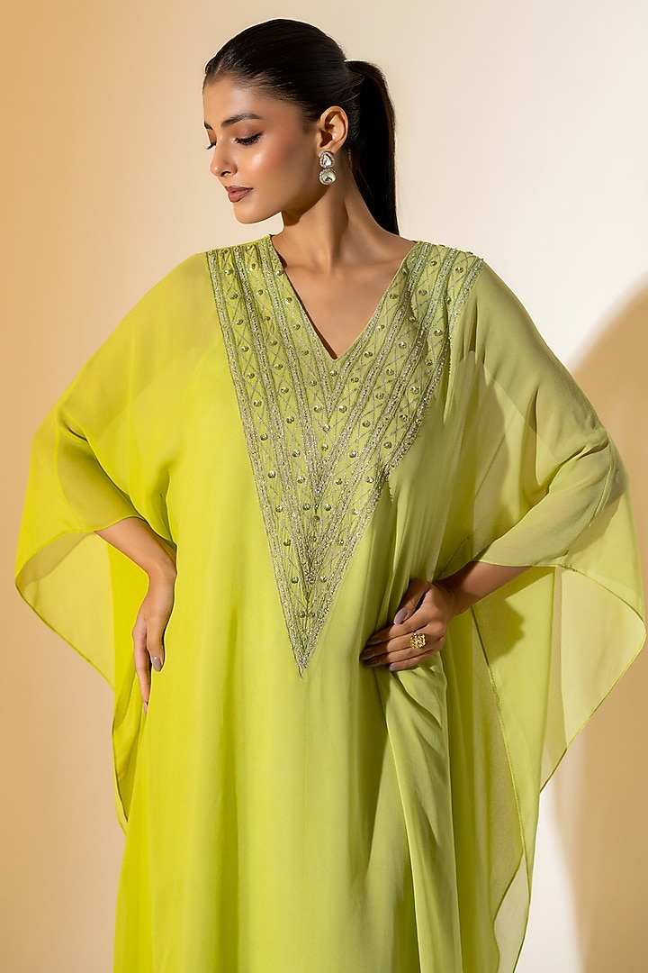 Lime Green Ombre Embroidered Kaftan Set by K-ANSHIKA Jaipur at Pernia's Pop Up Shop