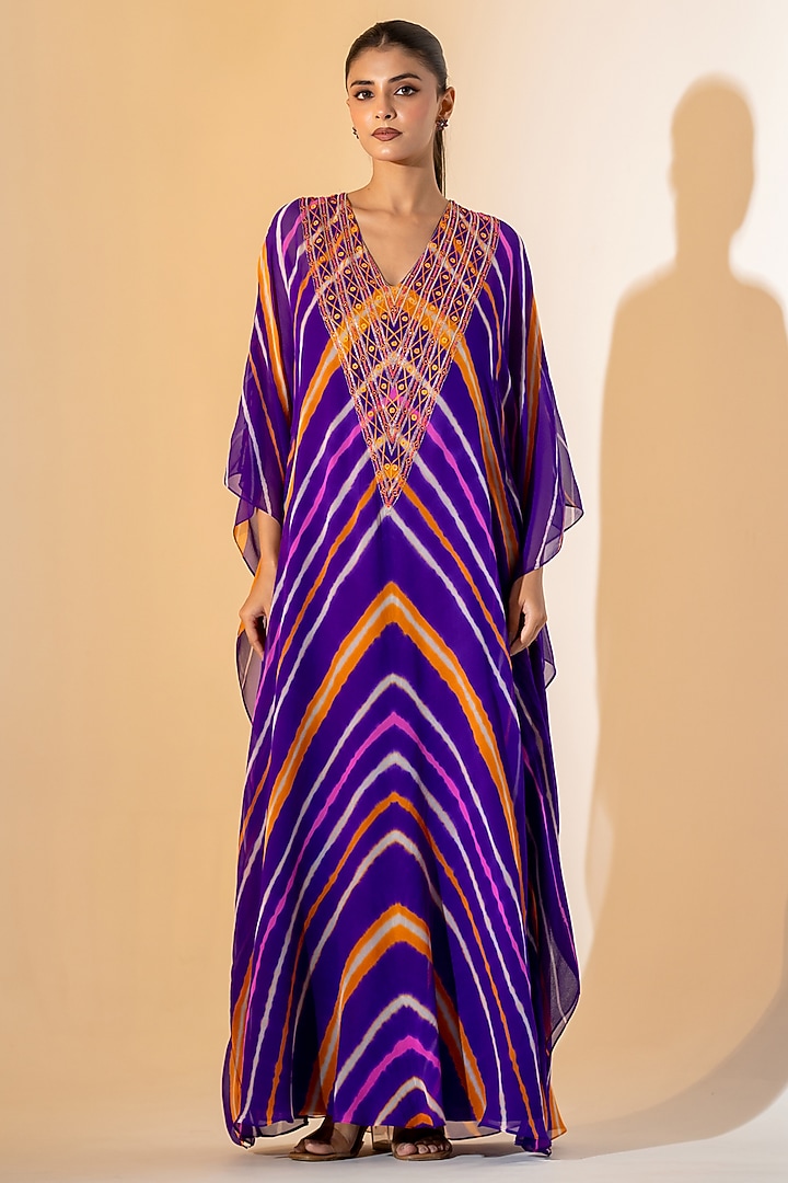 Purple Georgette Leheriya Kaftan Set by K-ANSHIKA Jaipur at Pernia's Pop Up Shop