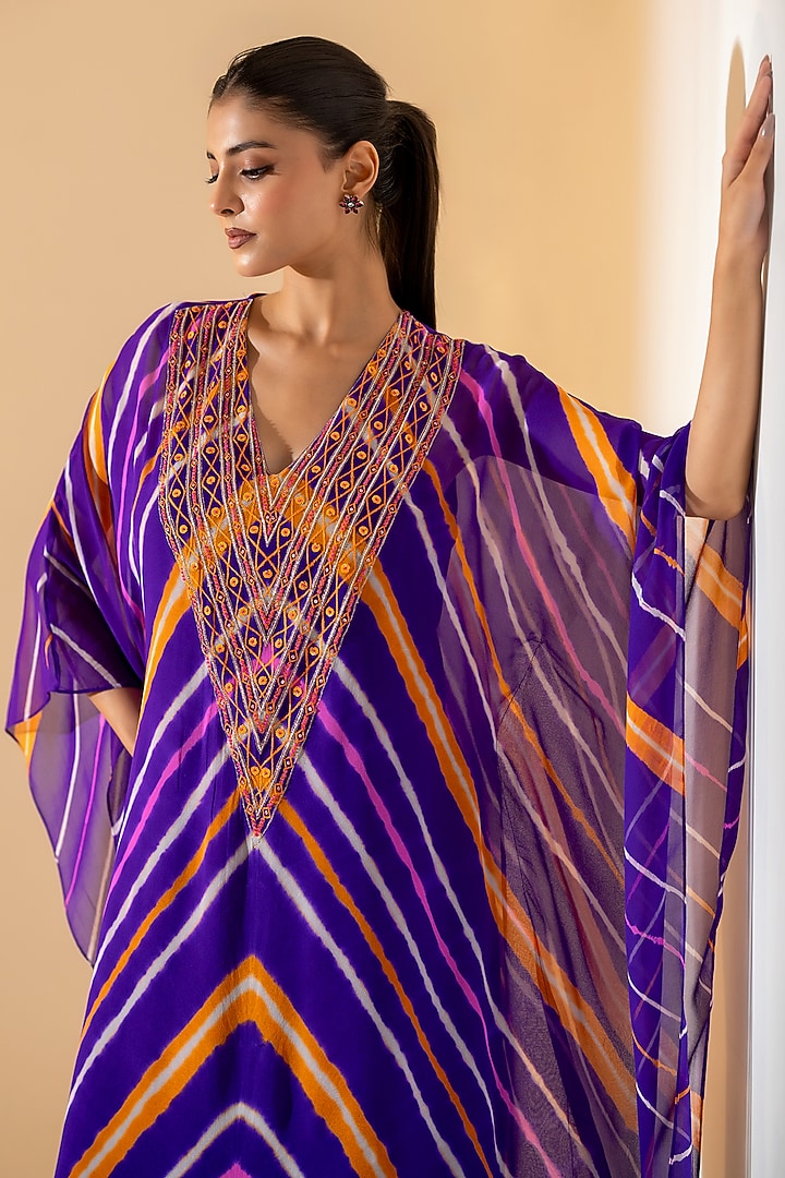 Purple Georgette Leheriya Kaftan Set by K-ANSHIKA Jaipur at Pernia's Pop Up Shop