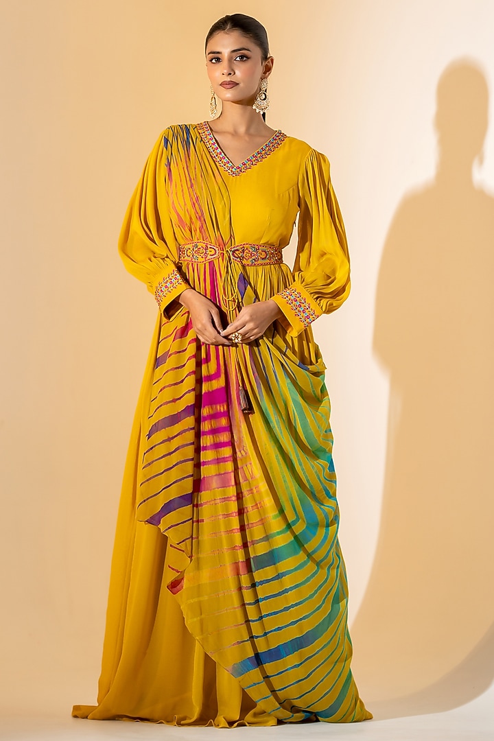 Mustard Yellow Georgette Draped Party Wear Anarkali Set by K-ANSHIKA Jaipur at Pernia's Pop Up Shop