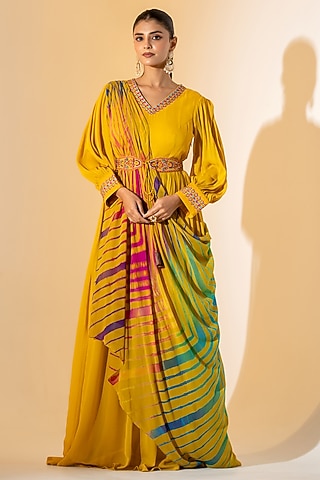 Mustard Yellow Georgette Draped Anarkali Set by K-ANSHIKA Jaipur