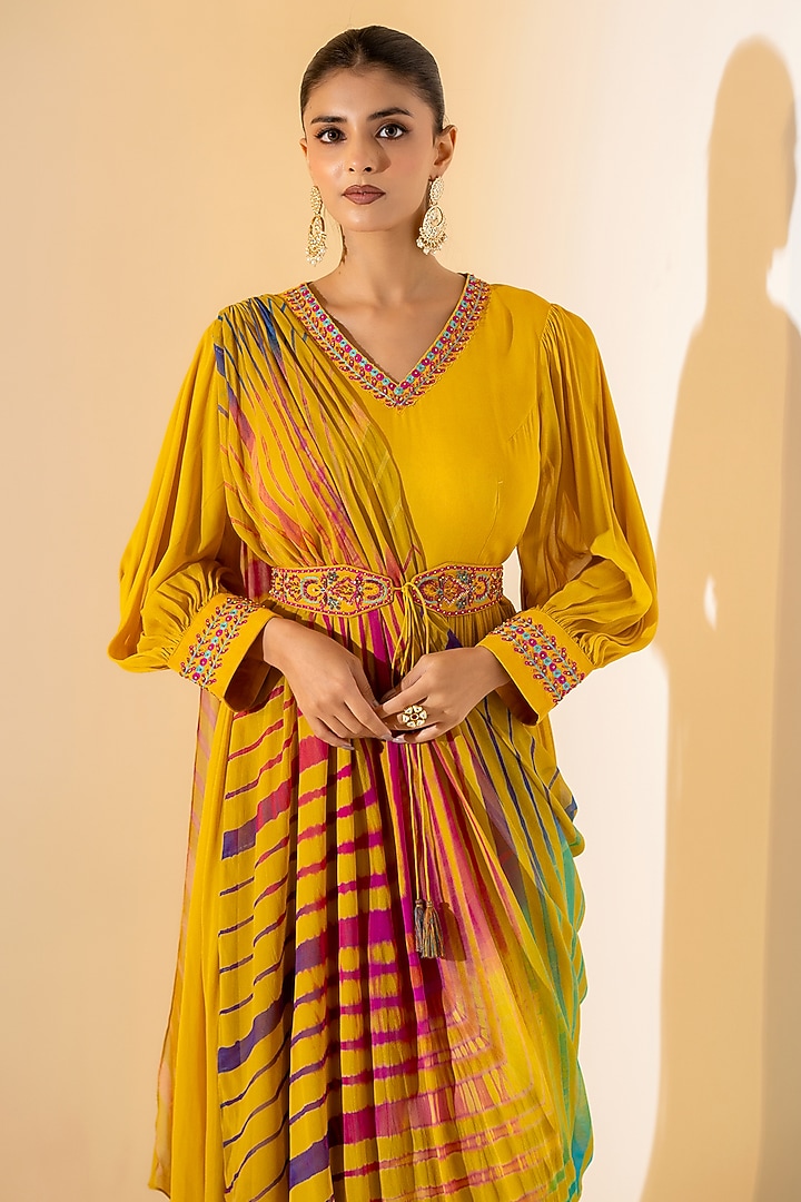 Mustard Yellow Georgette Draped Party Wear Anarkali Set by K-ANSHIKA Jaipur at Pernia's Pop Up Shop