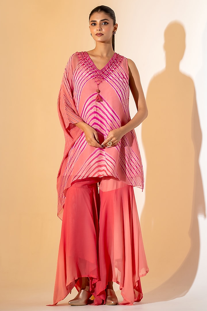 Carrot Pink Georgette Flowy Party Wear Sharara Set by K-ANSHIKA Jaipur at Pernia's Pop Up Shop