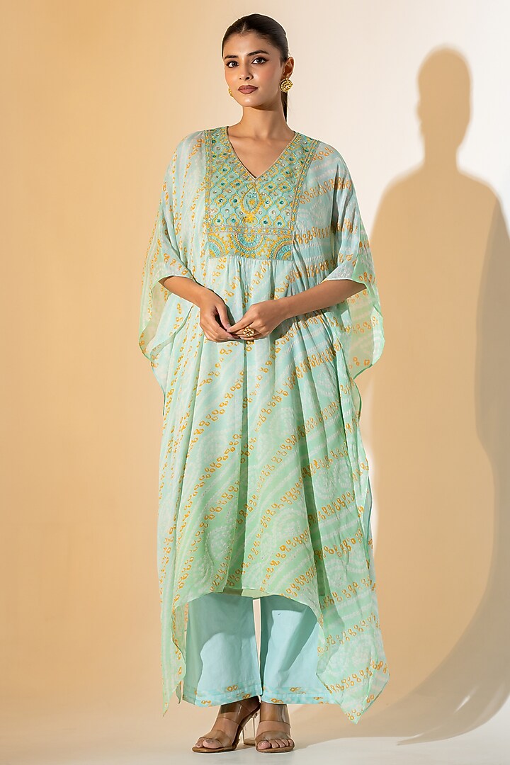 Sage Green Pure Bandhej Kaftan Set by K-ANSHIKA Jaipur at Pernia's Pop Up Shop