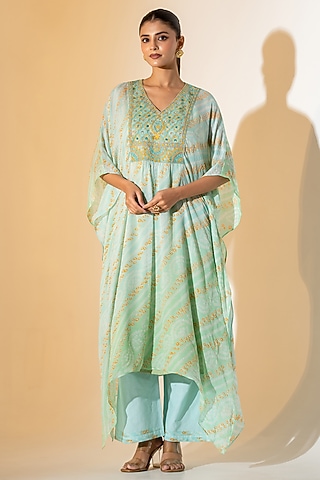 Sage Green Pure Bandhej Kaftan Set by K-ANSHIKA Jaipur