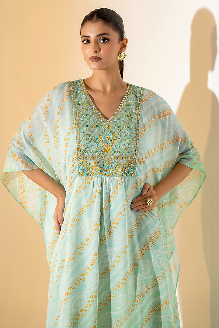 Sage Green Pure Bandhej Kaftan Set by K-ANSHIKA Jaipur at Pernia's Pop Up Shop