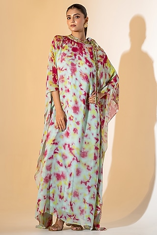 Sage Green Georgette Tie-Dye Kaftan Set by K-ANSHIKA Jaipur