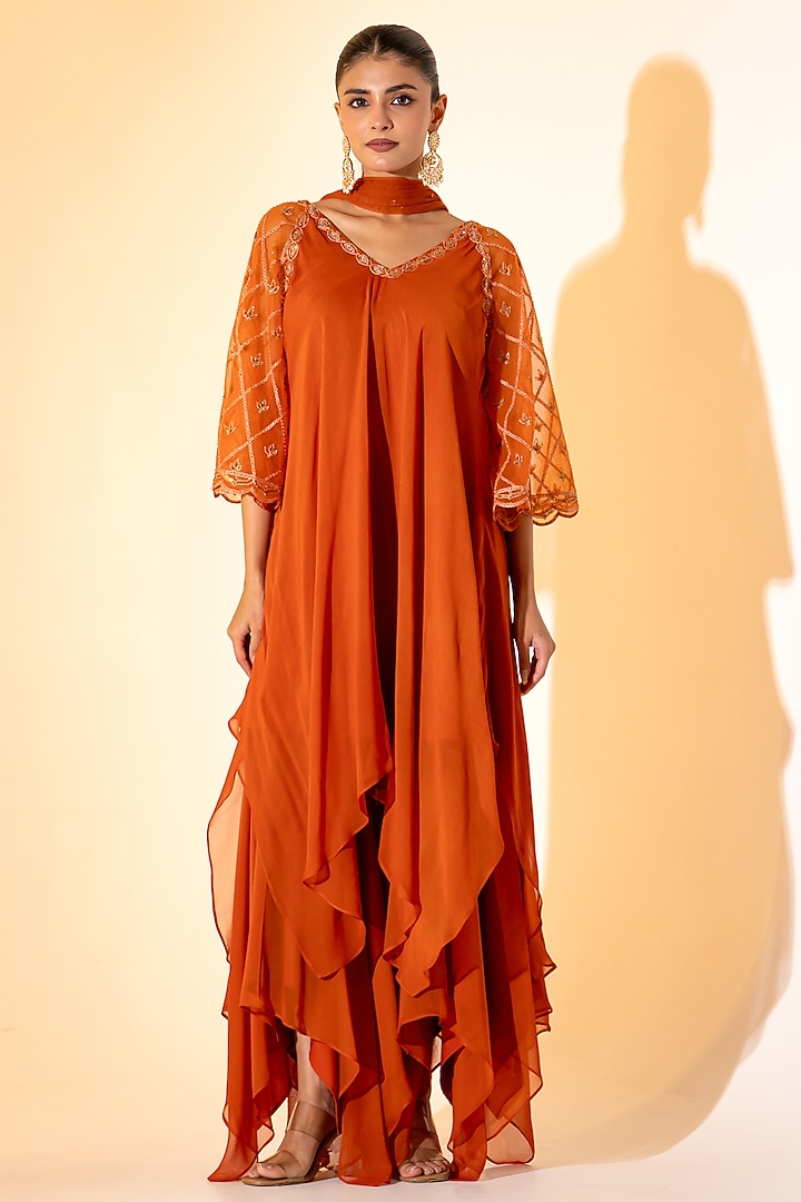 Rust Orange Georgette Embroidered Layered Kurta Set by K-ANSHIKA Jaipur at Pernia's Pop Up Shop