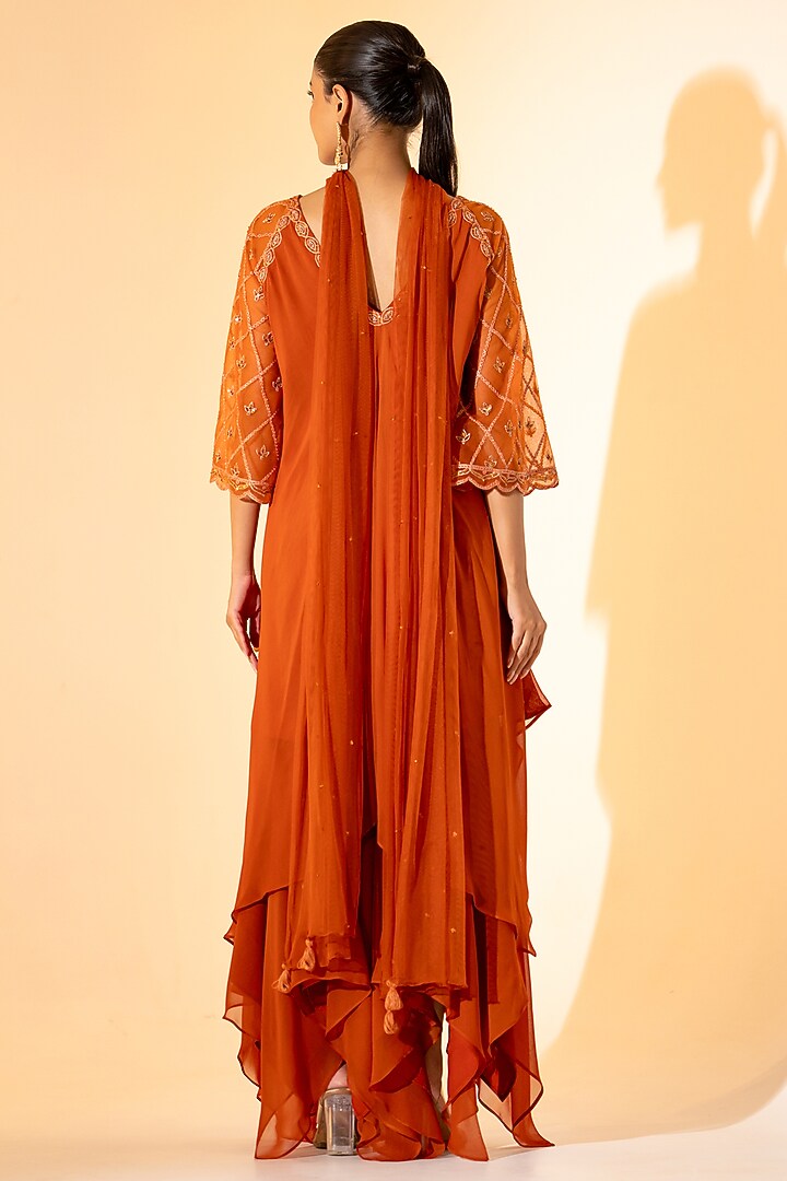 Rust Orange Georgette Embroidered Layered Kurta Set by K-ANSHIKA Jaipur at Pernia's Pop Up Shop