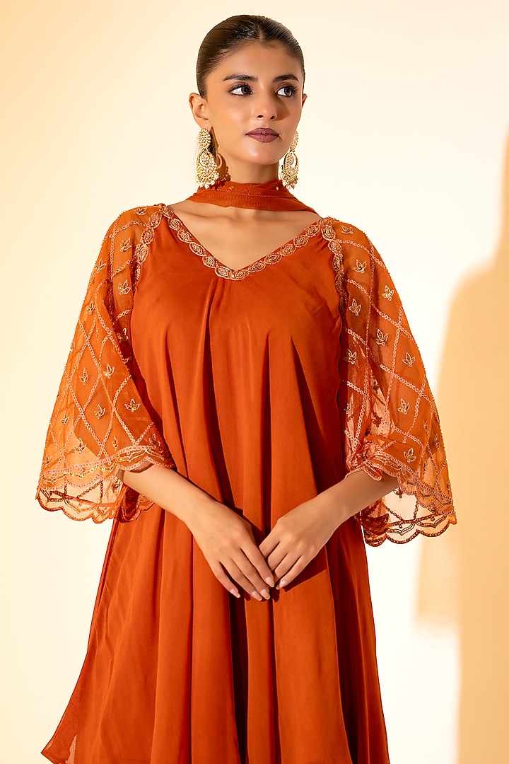 Rust Orange Georgette Embroidered Layered Kurta Set by K-ANSHIKA Jaipur at Pernia's Pop Up Shop