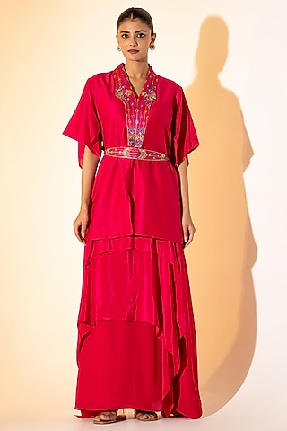 Pink Crepe Layered Skirt Set by K-ANSHIKA Jaipur