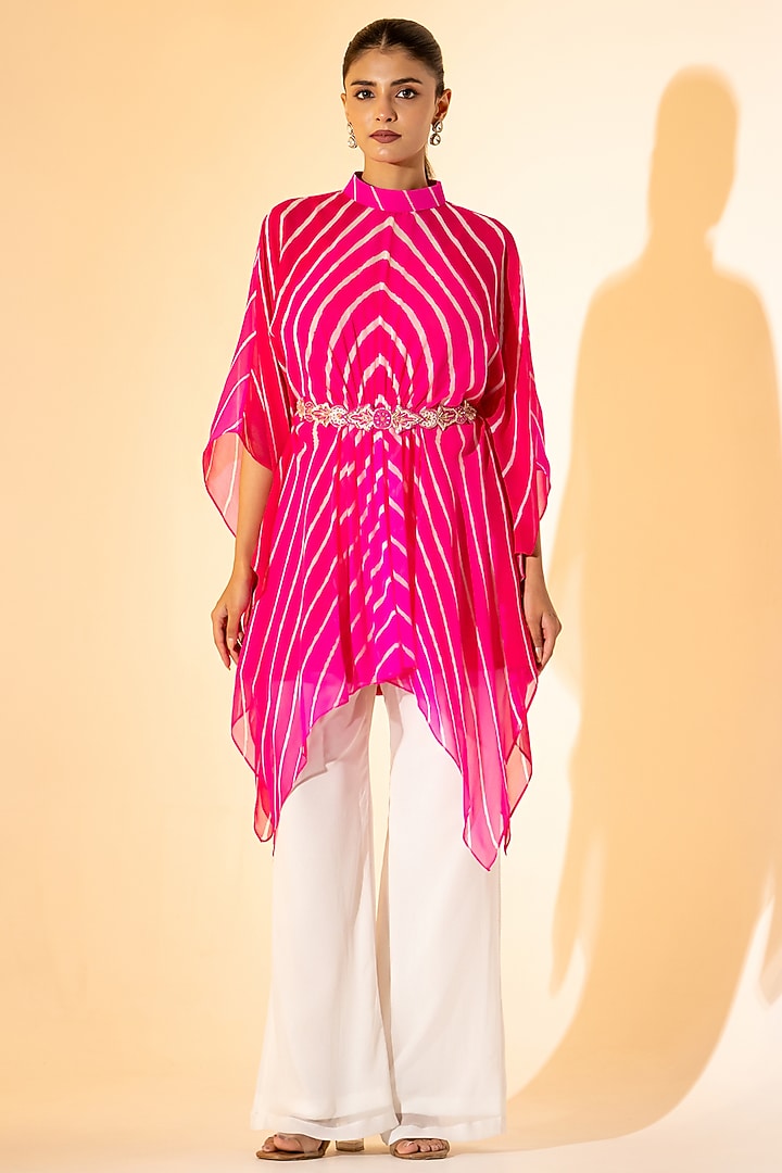 Pink & White Georgette Leheriya Printed Co-Ord Set by K-ANSHIKA Jaipur at Pernia's Pop Up Shop