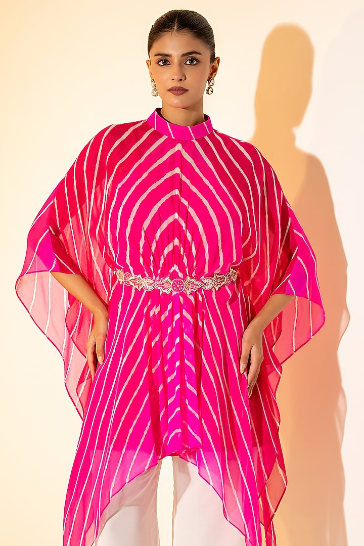 Pink & White Georgette Leheriya Printed Co-Ord Set by K-ANSHIKA Jaipur at Pernia's Pop Up Shop