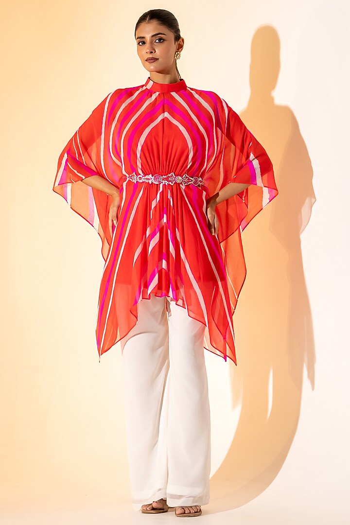 Orange & White Georgette Leheriya Printed Co-Ord Set by K-ANSHIKA Jaipur at Pernia's Pop Up Shop