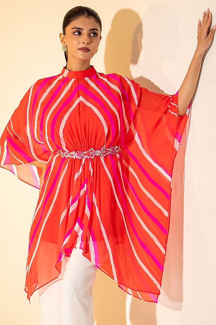 Orange & White Georgette Leheriya Printed Co-Ord Set by K-ANSHIKA Jaipur at Pernia's Pop Up Shop
