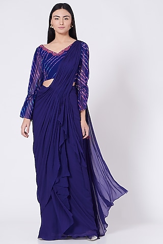 Blue Pure Draped Ruffled Saree Set by K-ANSHIKA Jaipur