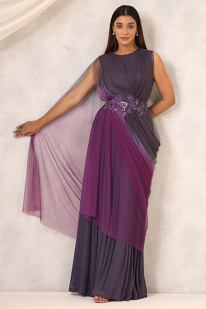 Purple Georgette Sequins Embroidered Draped Gown by K-ANSHIKA Jaipur