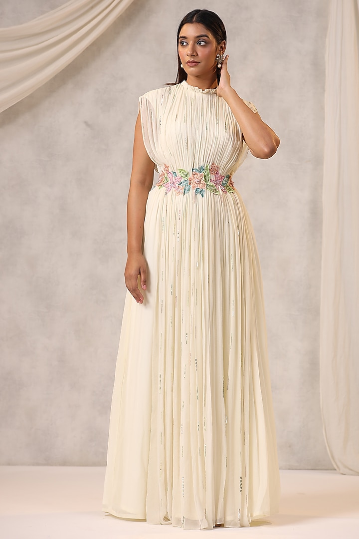 Off-White Georgette Beads Embroidered Gown by K-ANSHIKA Jaipur
