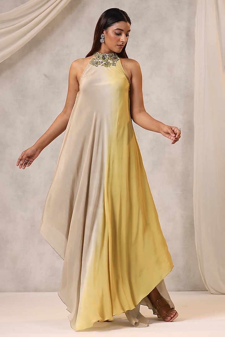 Beige & Mustard Georgette Sequins Embroidered Vacation Dress by K-ANSHIKA Jaipur at Pernia's Pop Up Shop