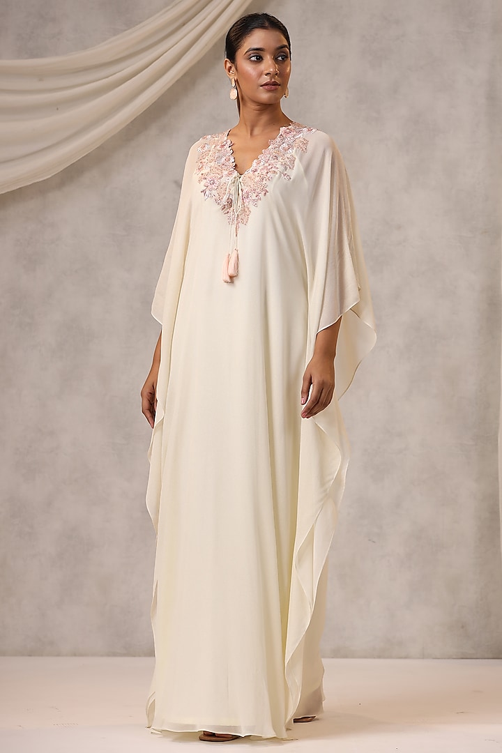 Off-White Georgette Beads Embroidered Kaftan by K-ANSHIKA Jaipur at Pernia's Pop Up Shop