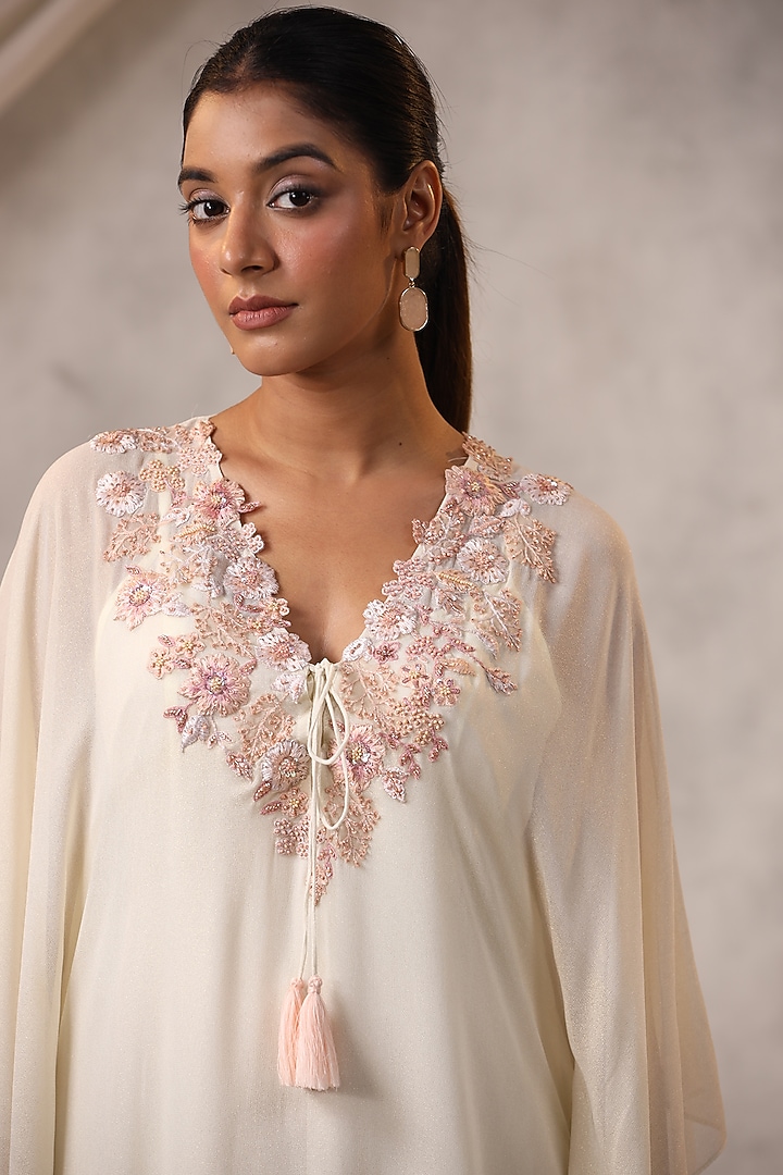 Off-White Georgette Beads Embroidered Kaftan by K-ANSHIKA Jaipur at Pernia's Pop Up Shop