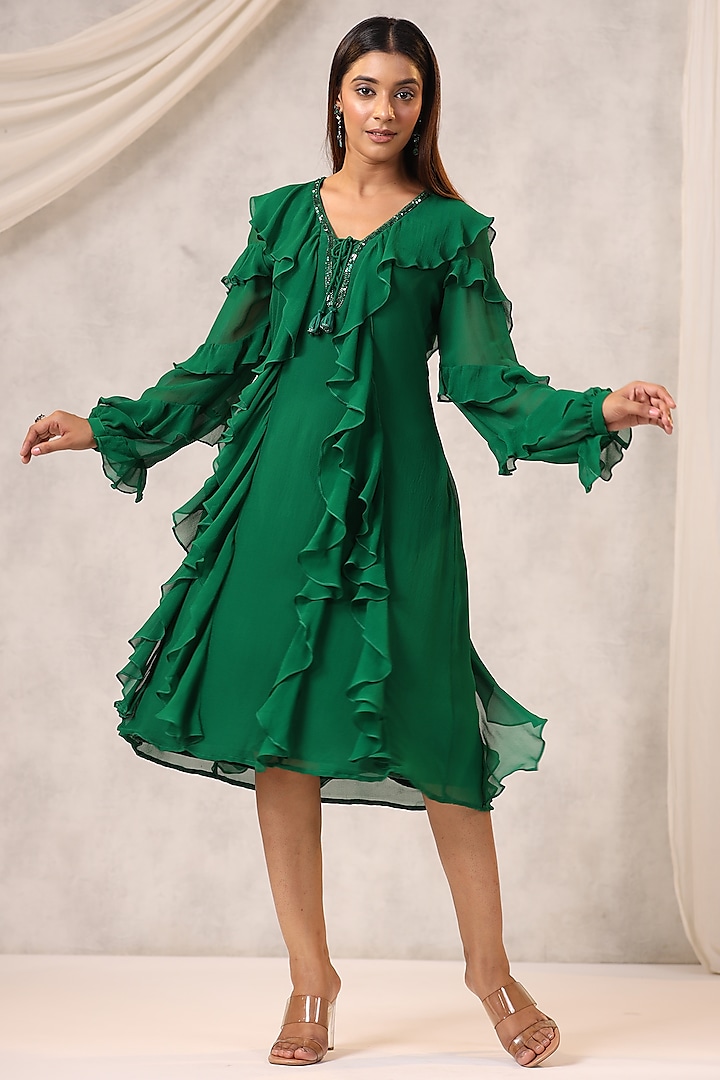 Emerald Green Georgette Frilled Dress by K-ANSHIKA Jaipur