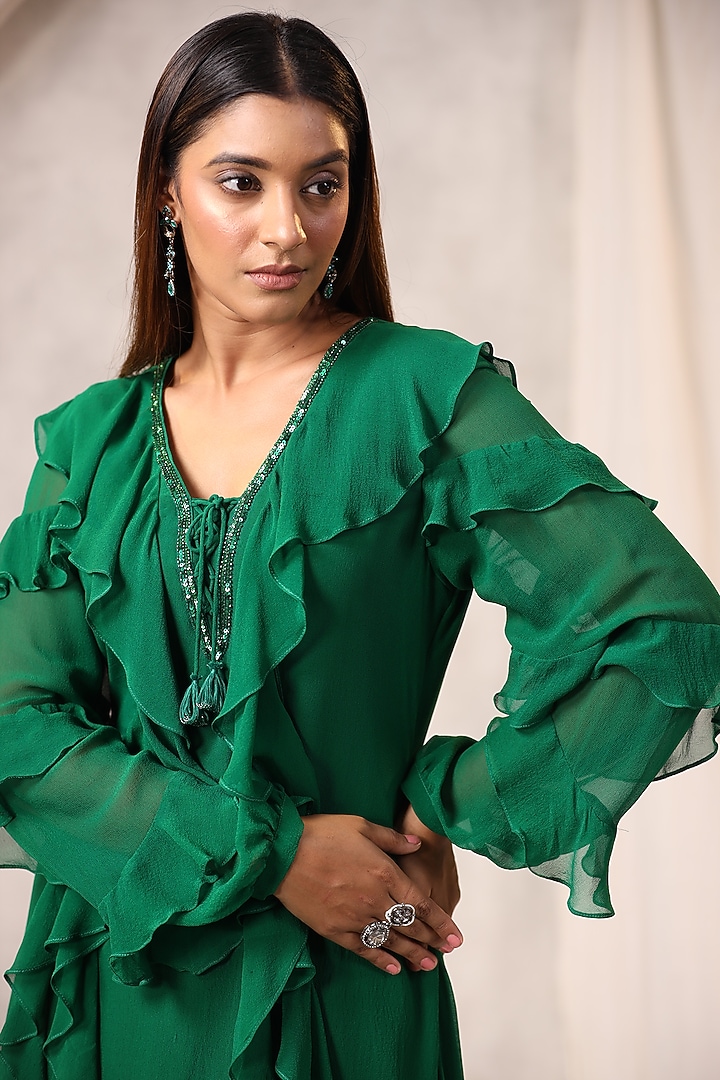 Emerald Green Georgette Frilled Vacation Dress by K-ANSHIKA Jaipur at Pernia's Pop Up Shop