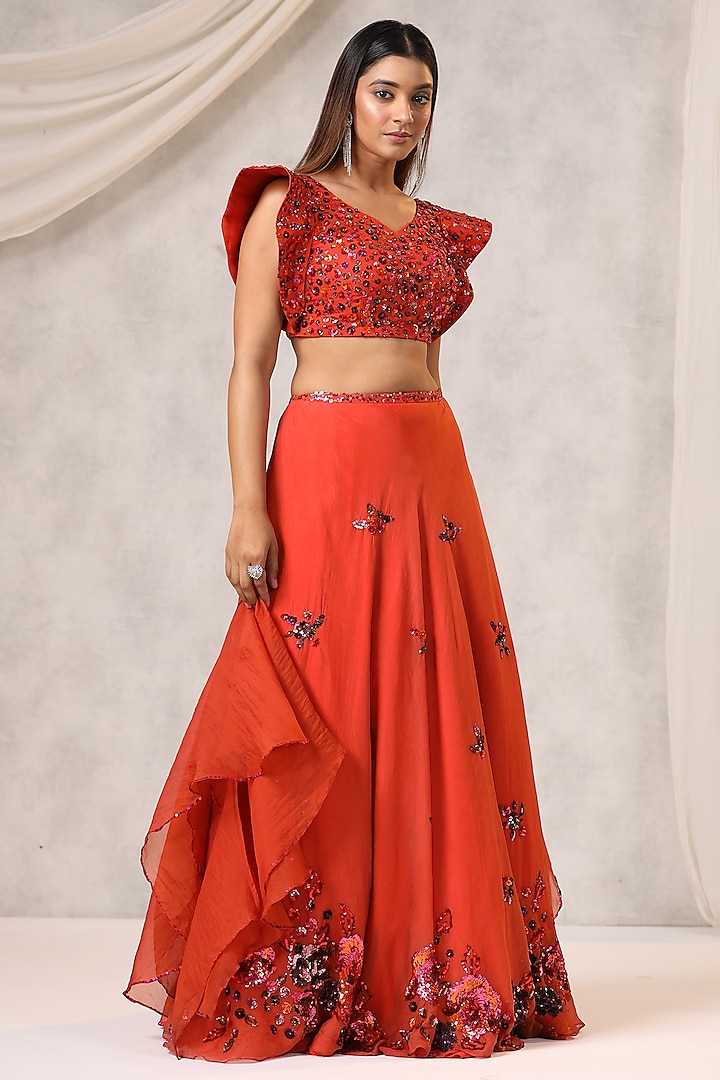 Burnt Orange Organza Sequins Embroidered Wedding Lehenga Set by K-ANSHIKA Jaipur at Pernia's Pop Up Shop