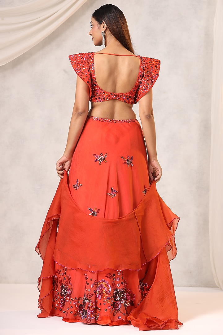 Burnt Orange Organza Sequins Embroidered Wedding Lehenga Set by K-ANSHIKA Jaipur at Pernia's Pop Up Shop