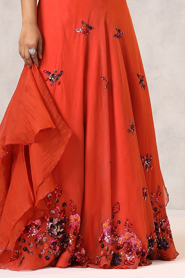 Burnt Orange Organza Sequins Embroidered Wedding Lehenga Set by K-ANSHIKA Jaipur at Pernia's Pop Up Shop