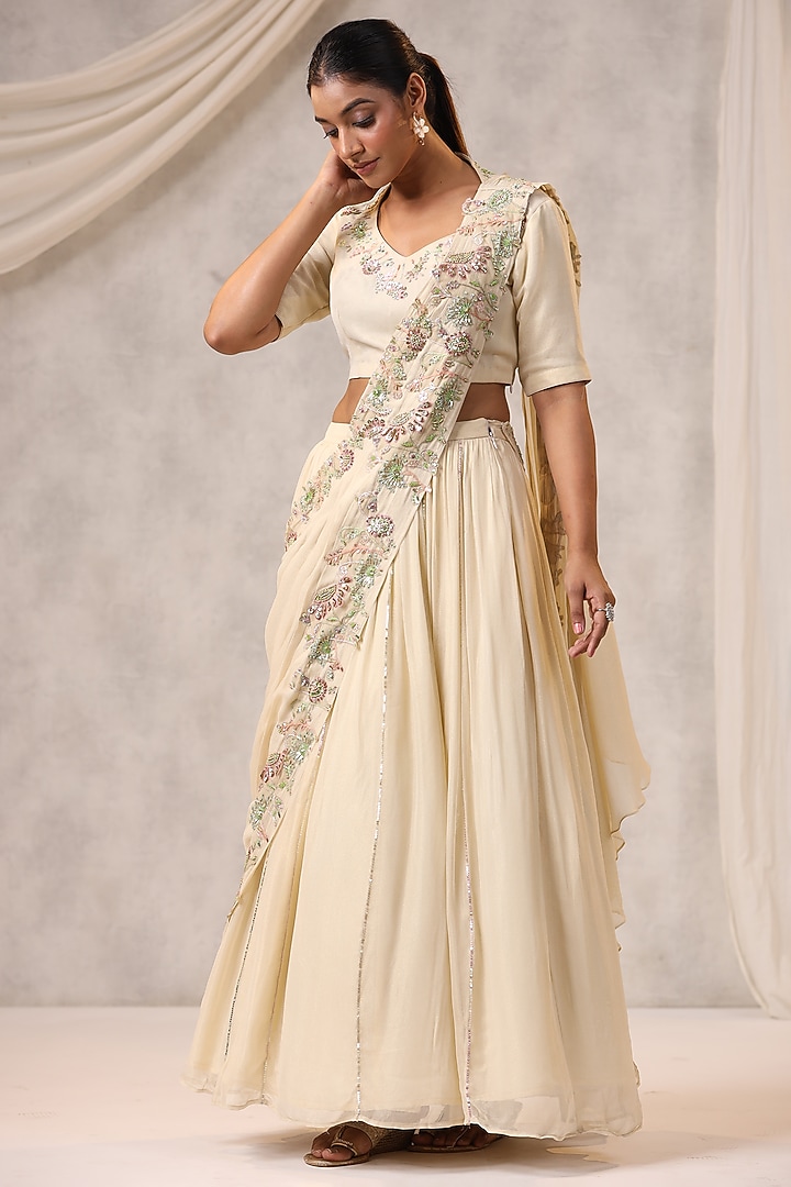 Off-White Georgette Jacket Wedding Lehenga Set by K-ANSHIKA Jaipur at Pernia's Pop Up Shop