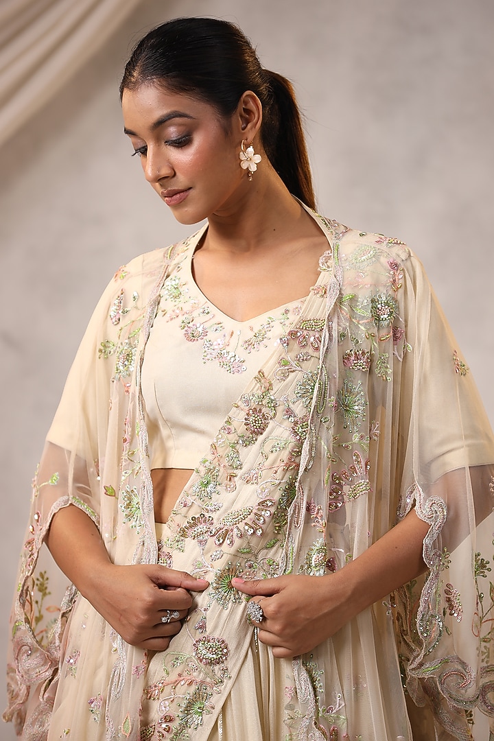 Off-White Georgette Jacket Wedding Lehenga Set by K-ANSHIKA Jaipur at Pernia's Pop Up Shop
