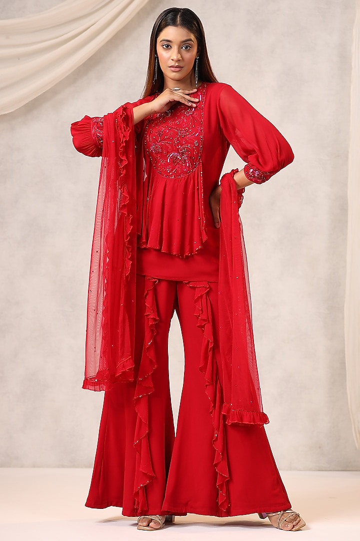 Red Georgette Sharara Set by K-ANSHIKA Jaipur at Pernia's Pop Up Shop