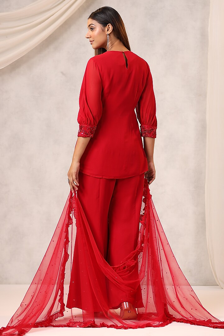 Red Georgette Wedding Sharara Set by K-ANSHIKA Jaipur at Pernia's Pop Up Shop