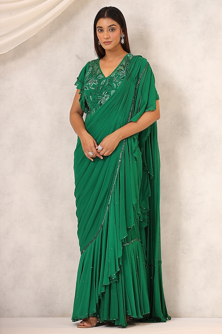 Green Georgette Draped Saree Set by K-ANSHIKA Jaipur at Pernia's Pop Up Shop