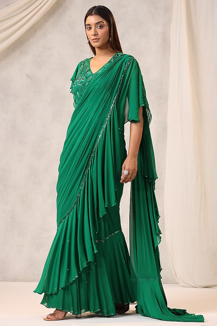 Green Georgette Draped Wedding Saree Set by K-ANSHIKA Jaipur at Pernia's Pop Up Shop