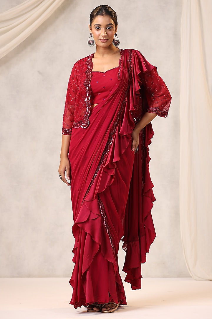 Red Georgette Draped Jacket Saree Set by K-ANSHIKA Jaipur at Pernia's Pop Up Shop