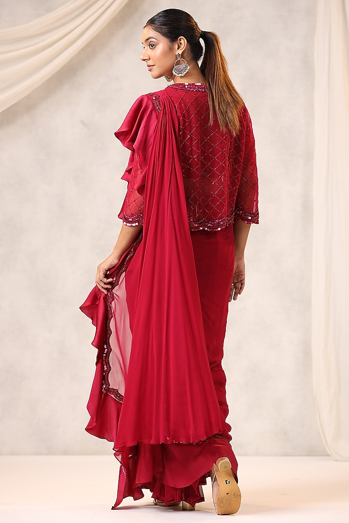 Red Georgette Draped Jacket Wedding Saree Set by K-ANSHIKA Jaipur at Pernia's Pop Up Shop