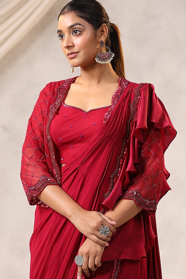Red Georgette Draped Jacket Wedding Saree Set by K-ANSHIKA Jaipur at Pernia's Pop Up Shop