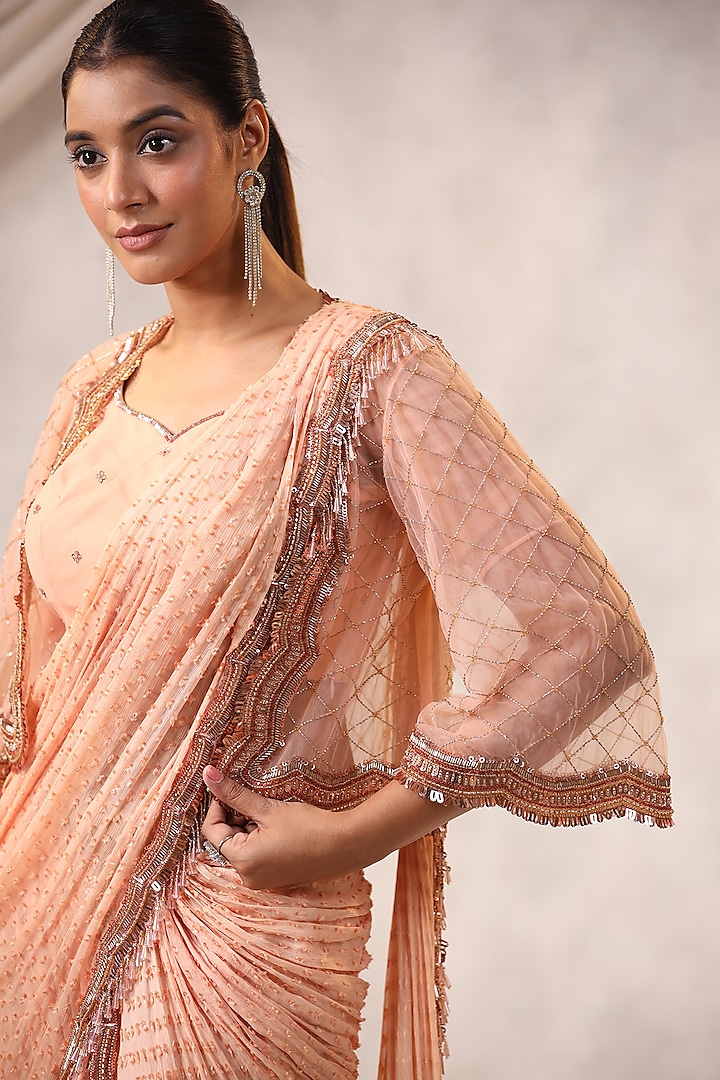 Peach Georgette Sequins Embroidered Draped Jacket Wedding Saree Set by K-ANSHIKA Jaipur at Pernia's Pop Up Shop