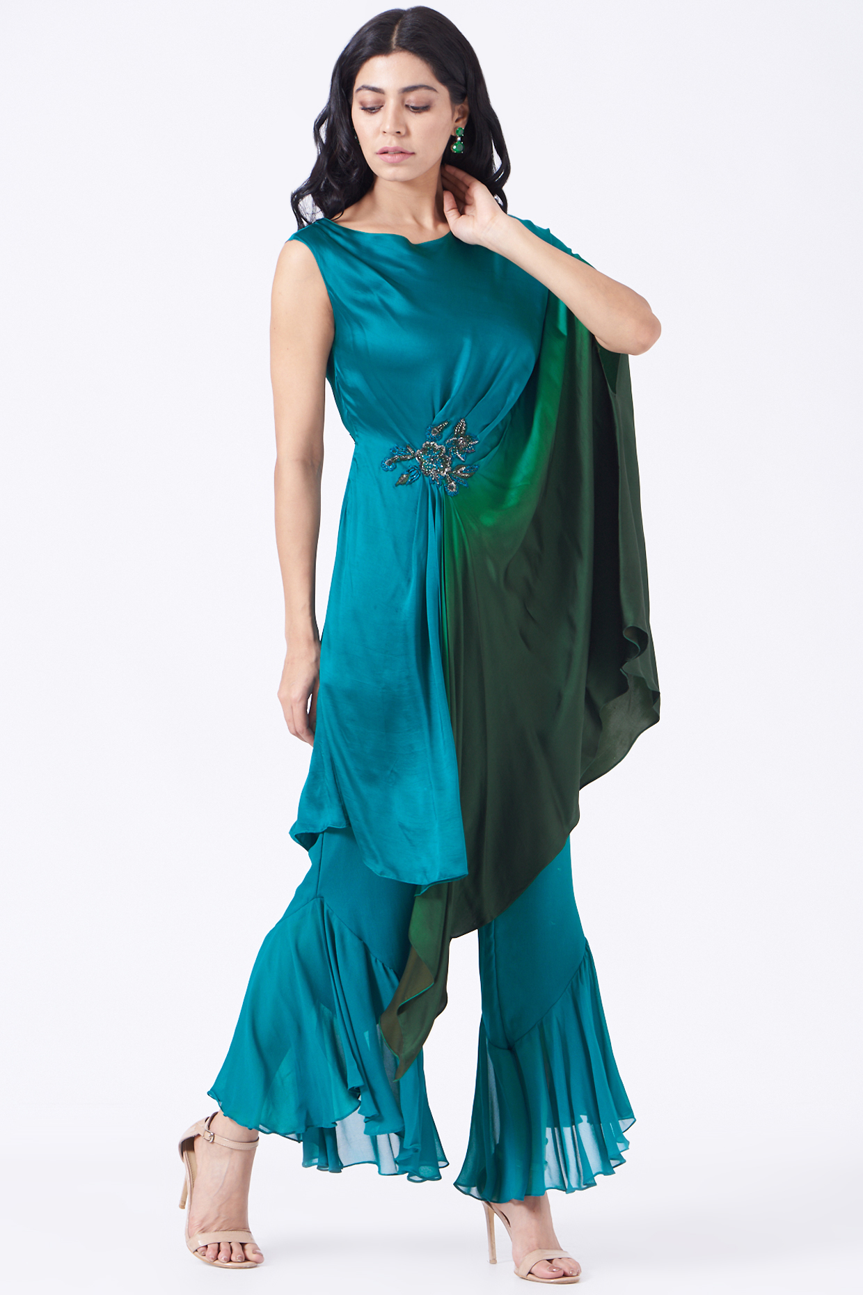 Turquoise Ruffled Pants Set by K-ANSHIKA Jaipur at Pernia's Pop Up Shop
