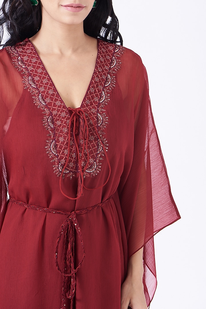 Maroon Embellished Kaftan by K-ANSHIKA Jaipur at Pernia's Pop Up Shop
