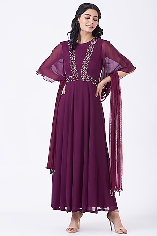 Maroon Georgette Anarkali by K-ANSHIKA Jaipur