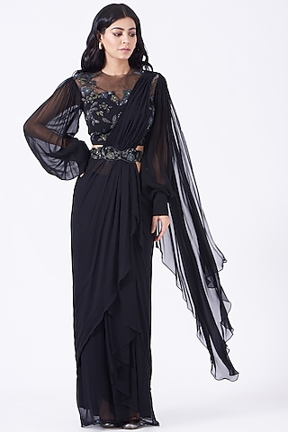 Black Draped Saree Set by K-ANSHIKA Jaipur