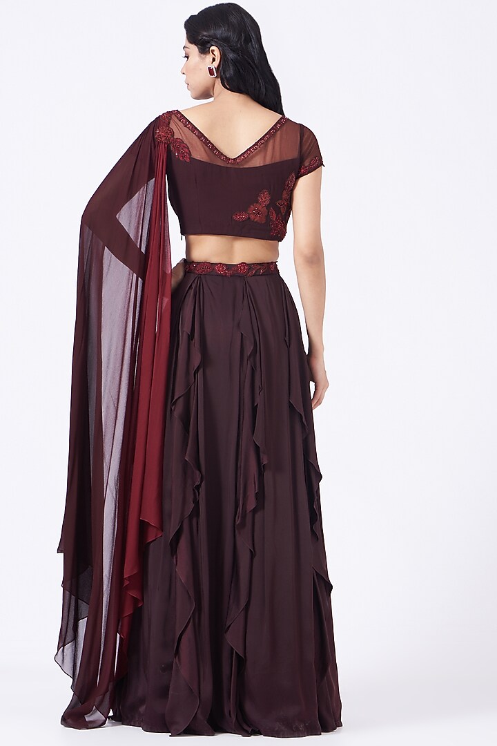 Maroon Ruffled Wedding Lehenga Set by K-ANSHIKA Jaipur at Pernia's Pop Up Shop