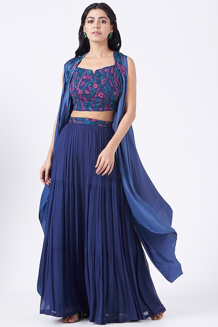 Midnight Blue Tiered Palazzo Pants Set by K-ANSHIKA Jaipur