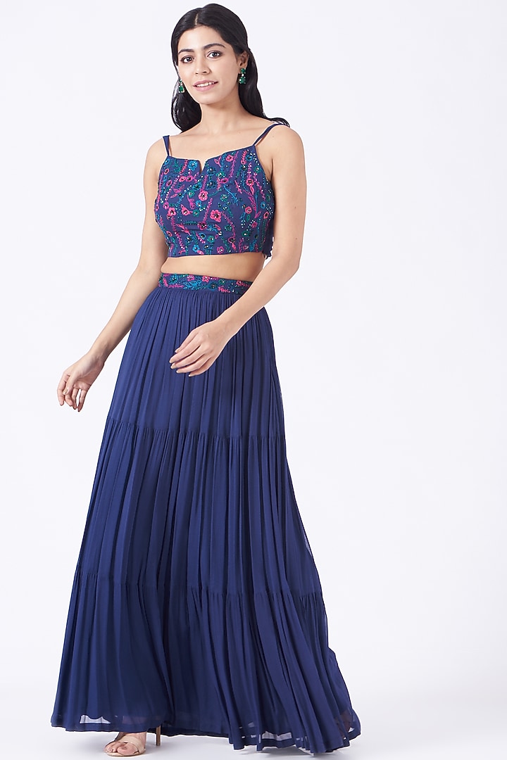 Midnight Blue Tiered Palazzo Pants Set by K-ANSHIKA Jaipur at Pernia's Pop Up Shop