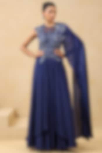 Royal Blue Crepe Applique Embroidered Draped Wedding Gown Saree by K-ANSHIKA Jaipur at Pernia's Pop Up Shop