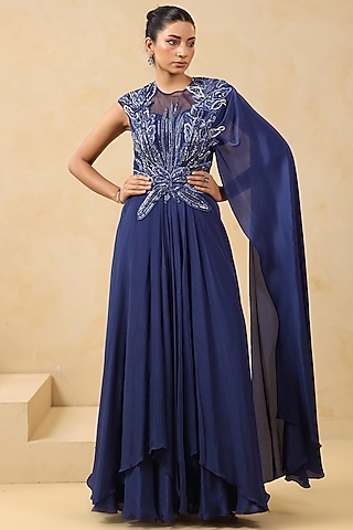 Royal Blue Crepe Applique Embroidered Draped Gown Saree by K-ANSHIKA Jaipur